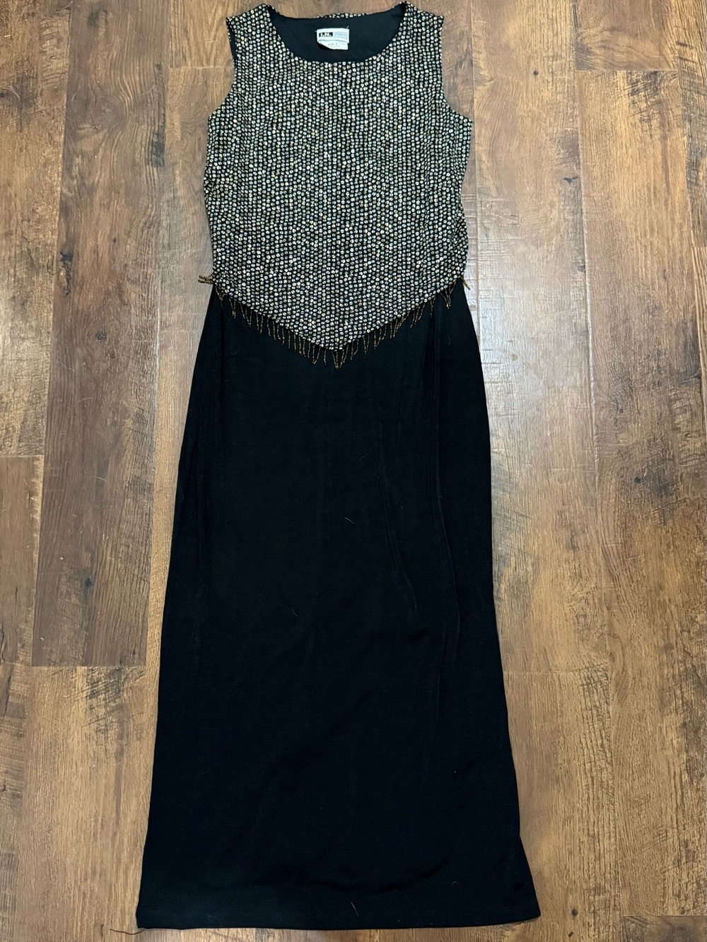 Vintage I.N. Studio Maxi Black & Gold Circle Print Fringe Evening Dress